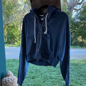 We The Free “midnight” Cropped Zip Hoodie with White Drawstrings, size medium